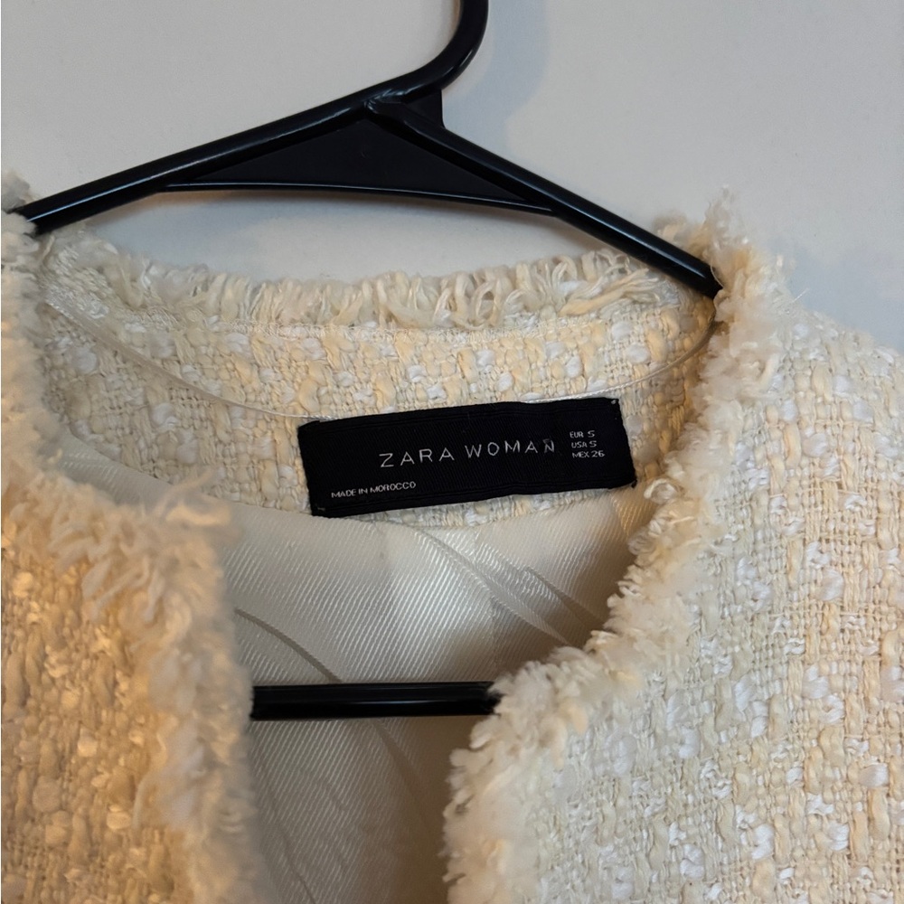 Zara | Ruffle Tweed Cropped Jacket Cream Size Small - Picture 2 of 4
